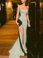 Sheath/Column Strapless Court Train Silk Like Satin Prom Dress With Leg Slit