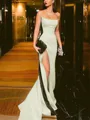 Sheath/Column Strapless Court Train Silk Like Satin Prom Dress With Leg Slit