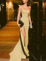 Sheath/Column Strapless Court Train Silk Like Satin Prom Dress With Leg Slit