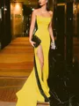 Sheath/Column Strapless Court Train Silk Like Satin Prom Dress With Leg Slit