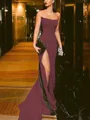 Sheath/Column Strapless Court Train Silk Like Satin Prom Dress With Leg Slit