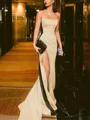 Sheath/Column Strapless Court Train Silk Like Satin Prom Dress With Leg Slit