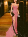 Sheath/Column Strapless Court Train Silk Like Satin Prom Dress With Leg Slit