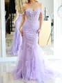 Sheath Off-the-Shoulder Appliques Lace Sweep Train Tulle Corset Porm Dress