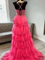 A-line V-neck Appliques Lace Sweep Train Tulle Corset Porm Dress
