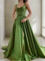 A-Line/Princess Straps Court Train Satin Prom Dress With Pockets