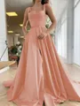 A-Line/Princess Straps Court Train Satin Prom Dress With Pockets