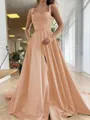 A-Line/Princess Straps Court Train Satin Prom Dress With Pockets