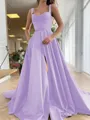 A-Line/Princess Straps Court Train Satin Prom Dress With Pockets