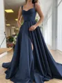 A-Line/Princess Straps Court Train Satin Prom Dress With Pockets