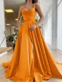 A-Line/Princess Straps Court Train Satin Prom Dress With Pockets