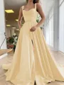 A-Line/Princess Straps Court Train Satin Prom Dress With Pockets