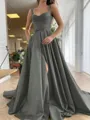 A-Line/Princess Straps Court Train Satin Prom Dress With Pockets