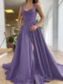 A-Line/Princess Straps Court Train Satin Prom Dress With Pockets