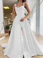 A-Line/Princess Straps Court Train Satin Prom Dress With Pockets