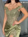 Sheath Off-the-Shoulder Appliques Lace Sweep Train Silk Like Satin Corset Porm Dress