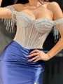 Sheath Off-the-Shoulder Rhinestone Sweep Train Silk Like Satin Corset Porm Dress