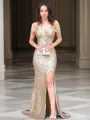 Sheath/Column Off-the-Shoulder Sweep Train Sequins Prom Dress With Leg Slit