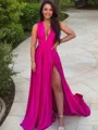 A-Line/Princess V-neck Sweep Train Silk like Satin Prom Dress With Leg Slit