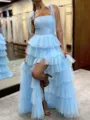 A-line Straight Cascading Ruffles Sweep Train Tulle Porm Dress