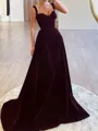 A-line Sweetheart Ruffles Sweep Train Velvet Corset Porm Dress