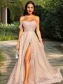 A-Line/Princess Strapless Sweep Train Sequins Prom Dress With Leg Slit