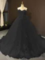 Ball Gown Off-the-Shoulder Chapel Train Tulle Prom Dress With Appliques Lace