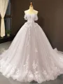 Ball Gown Off-the-Shoulder Chapel Train Tulle Prom Dress With Appliques Lace