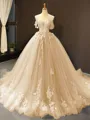 Ball Gown Off-the-Shoulder Chapel Train Tulle Prom Dress With Appliques Lace
