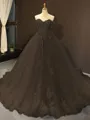 Ball Gown Off-the-Shoulder Chapel Train Tulle Prom Dress With Appliques Lace