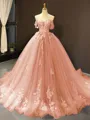 Ball Gown Off-the-Shoulder Chapel Train Tulle Prom Dress With Appliques Lace