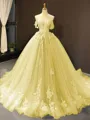 Ball Gown Off-the-Shoulder Chapel Train Tulle Prom Dress With Appliques Lace