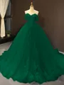 Ball Gown Off-the-Shoulder Chapel Train Tulle Prom Dress With Appliques Lace