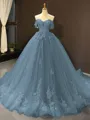 Ball Gown Off-the-Shoulder Chapel Train Tulle Prom Dress With Appliques Lace
