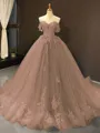 Ball Gown Off-the-Shoulder Chapel Train Tulle Prom Dress With Appliques Lace