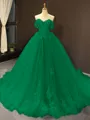 Ball Gown Off-the-Shoulder Chapel Train Tulle Prom Dress With Appliques Lace