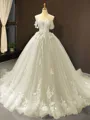 Ball Gown Off-the-Shoulder Chapel Train Tulle Prom Dress With Appliques Lace