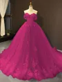 Ball Gown Off-the-Shoulder Chapel Train Tulle Prom Dress With Appliques Lace