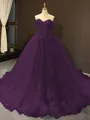 Ball Gown Off-the-Shoulder Chapel Train Tulle Prom Dress With Appliques Lace