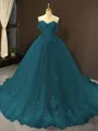 Ball Gown Off-the-Shoulder Chapel Train Tulle Prom Dress With Appliques Lace