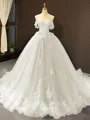 Ball Gown Off-the-Shoulder Chapel Train Tulle Prom Dress With Appliques Lace