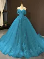 Ball Gown Off-the-Shoulder Chapel Train Tulle Prom Dress With Appliques Lace
