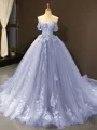 Ball Gown Off-the-Shoulder Chapel Train Tulle Prom Dress With Appliques Lace