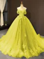 Ball Gown Off-the-Shoulder Chapel Train Tulle Prom Dress With Appliques Lace