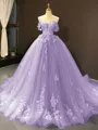 Ball Gown Off-the-Shoulder Chapel Train Tulle Prom Dress With Appliques Lace