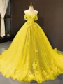 Ball Gown Off-the-Shoulder Chapel Train Tulle Prom Dress With Appliques Lace