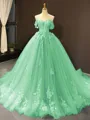Ball Gown Off-the-Shoulder Chapel Train Tulle Prom Dress With Appliques Lace