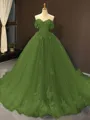Ball Gown Off-the-Shoulder Chapel Train Tulle Prom Dress With Appliques Lace