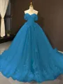 Ball Gown Off-the-Shoulder Chapel Train Tulle Prom Dress With Appliques Lace