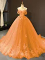 Ball Gown Off-the-Shoulder Chapel Train Tulle Prom Dress With Appliques Lace